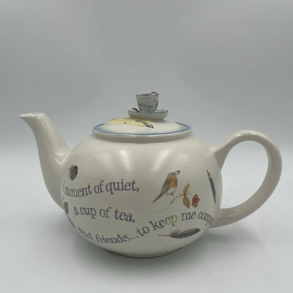 90s Cottagecore Teapot with Birds Vtg Marjolein Bastin Nature Friendship Poem